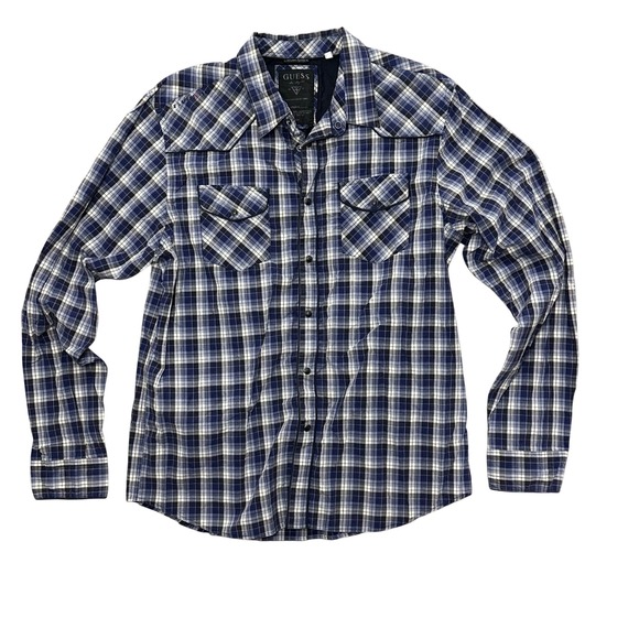 Guess Other - GUESS Plaid Long Sleeve Button Down Shirt Blue White Black Western Style XL Y2K
